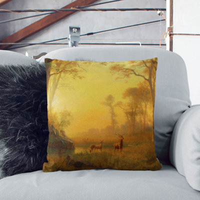 Sunset River With Deer Square Throw Cushion