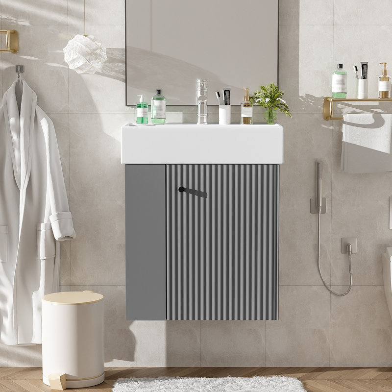 Meuble-lavabo flottant avec lavabo en céramique, Gris, Noir