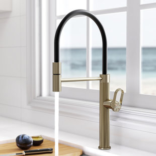 MASO Pull-Out Kitchen Faucet with 360° Swivel Modern Black Rubber Neck, Single Handle Single Hole Sink Faucet, 304 Stainless Steel, 2 Spray Modes, Brushed Gold