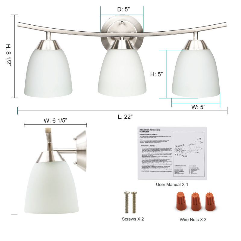 3-Light Vanity Light, 22-Inch Wall Sconce Lighting with White Glass Shade, Modern Bathroom Light Fixture for Mirror, Bathroom, Hotel