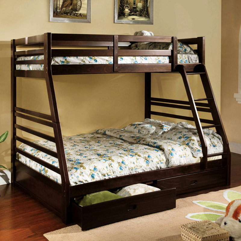 Lit superposé simple au-dessus d'un lit double transitionnel en bois massif au fini noyer foncé, attaché, deux grands tiroirs de rangement, 10 pièces Lattes en haut et en bas avec tiroirs pour le rangement, lattes, rails de sécurité