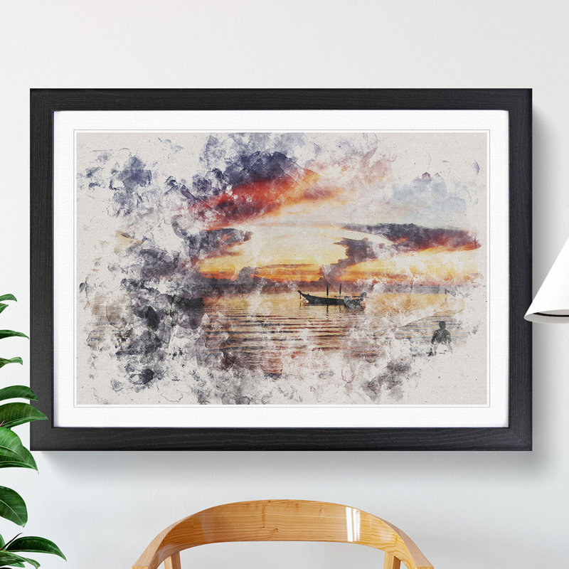 Boats in Thailand Watercolour - Picture Frame Graphic Art, 27cm H x 36cm W x 2cm D, Black