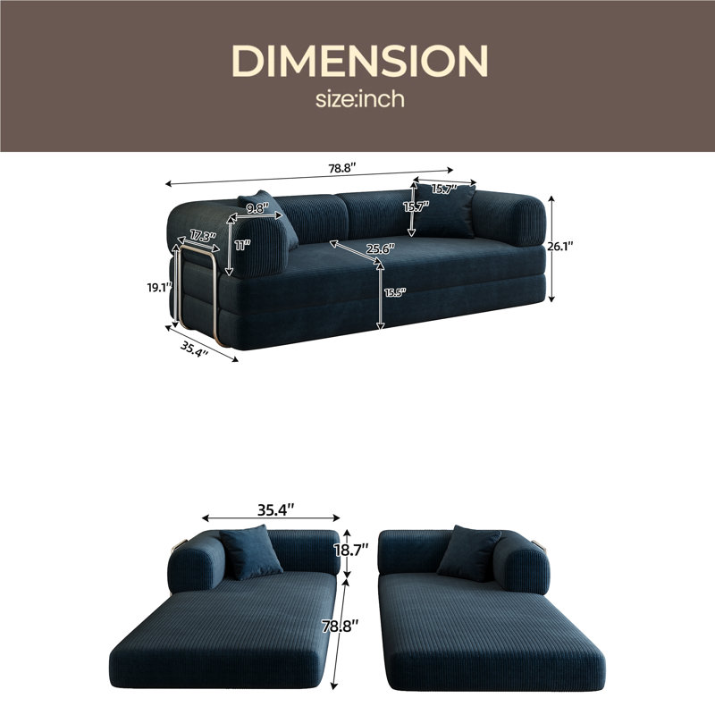 Canapé à compression de 78,8 po, canapé-lit convertible au sol avec accoudoirs avec dossier coussiné, canapé-lit à futon confortable, canapé modulaire désossé Loveseat, tissu en velours côtelé, pour le salon, la chambre à coucher
