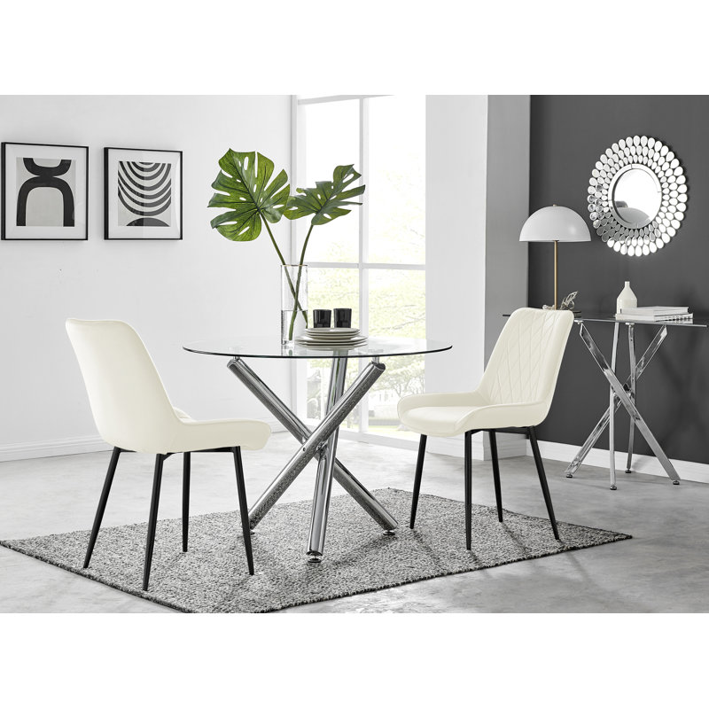 Seline Modern Round Dining Table Set in Glass and Chrome with 2 Luxury Velvet Leather Chairs, Cream/Black