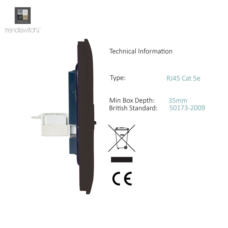 Trendi Switch 2 Gang Female TV Co-Axial & RJ45 Cat 5e PC Ethernet Sockets, Dark Brown
