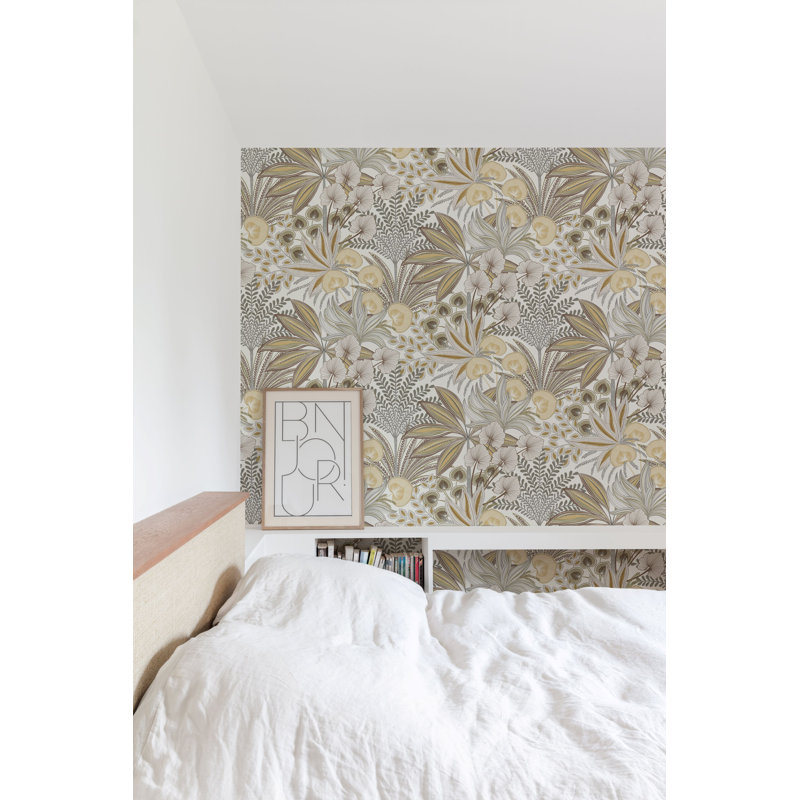 Papier peint texturé non tissé à motif de fougères tropicales et de fleurs Pi., Jaune/gris