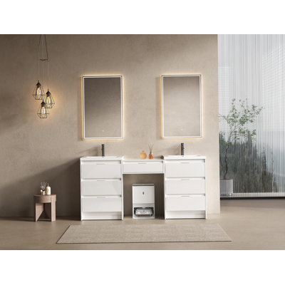 72" Freestanding Bathroom Vanity with Resin Sink, and 1-Side Cabinet Combination, Soft Closing Drawers, Glossy White, Plywood
