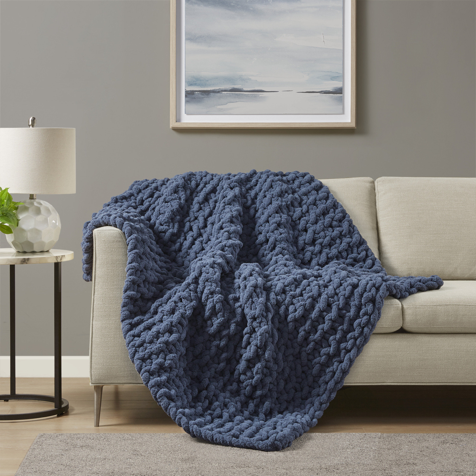 Chenille Chunky Knit Luxurious Soft Handmade Throw, Navy Blue