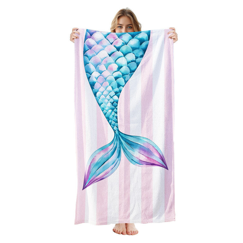  Serviette de plage en microfibre légère, absorbante et sans décoloration, 30 po x 60 po, queue de sirène rayée