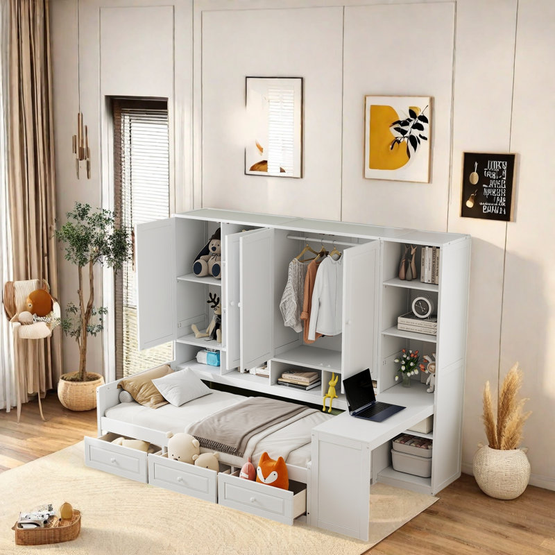 Multi-Functional Daybed with Desk, Shelves, Cabinets and Drawers, Space-Saving Bed Frame with Storage, Reversible Layout, Wood Frame for Bedroom, Apartment, Home Office