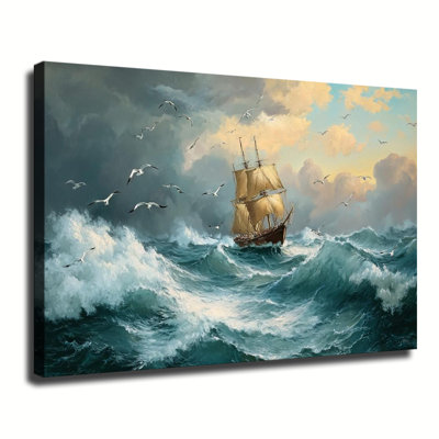 Grand voilier rétro dans les vagues de l'océan rugueux avec des mouettes, reproduction d'art sur toile tendue pour grand salon