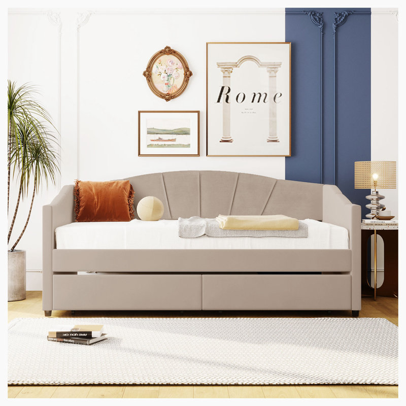 Dieatra Upholstered Daybed, Beige, Drawers Included