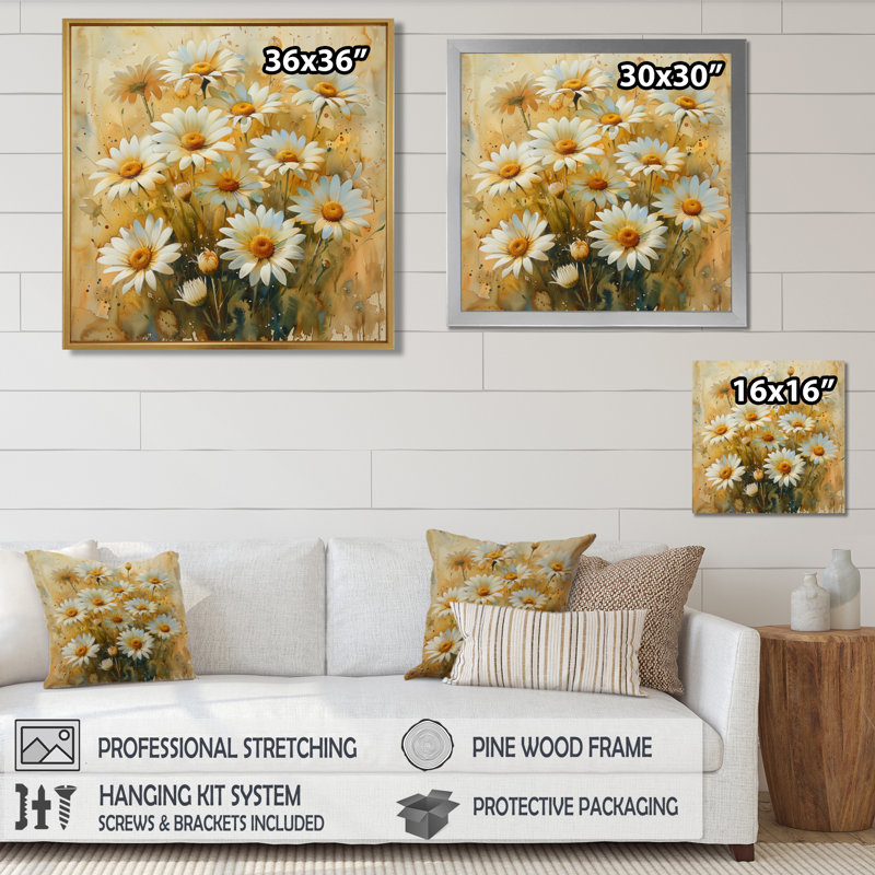 Jaune et blanc, marguerites d'été, fleurs, explosion I - marguerites, art mural, Cadre flottant doré, H 36 po x l 36 po