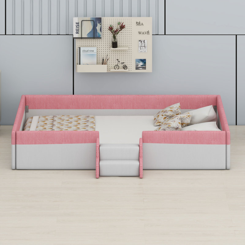 Lit de plancher tapissier peu encombrant avec clôture, marches et lumières DEL intelligentes, Très grand lit, Rose et blanc