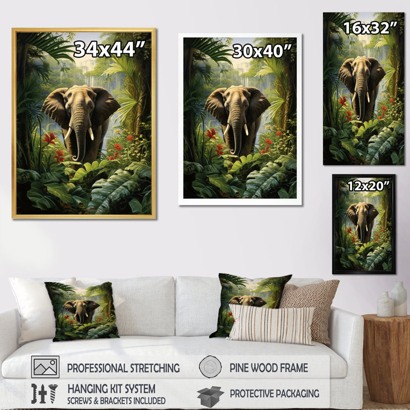 «Elephant Jungle Sanctuary II - Animals», reproduction sur toile, H 20 po x l 12 po, Cadre flottant blanc