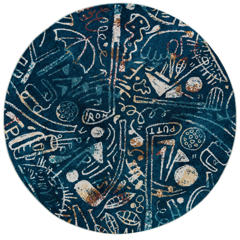 Tapis noir en polyester tissé à la machine Sportsglyphs, Bleu, Rond 6 pi