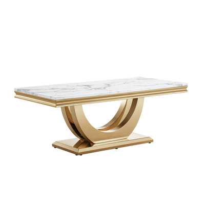 Luxury Faux Marble Coffee Table, 46.85" White Sofa Coffee Table with 0.71" Thick Marble Tabletop and Mirrored Stainless Steel Base, Modern Cocktail Table Center Table for Living Room Office