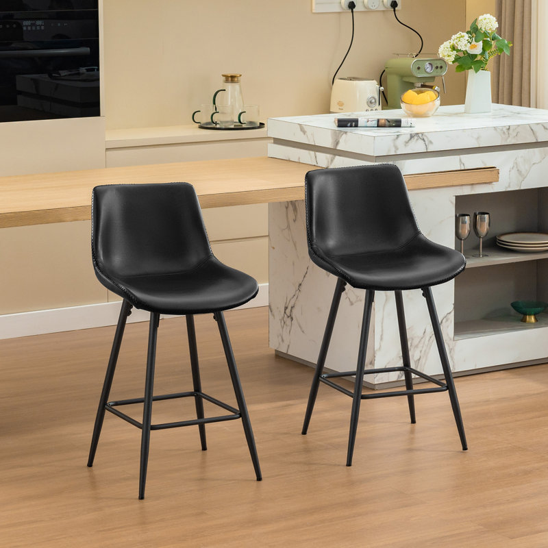Faux Leather Modern Low Back Counter Stool, Black, Counter Stool (24" Seat Height), 2