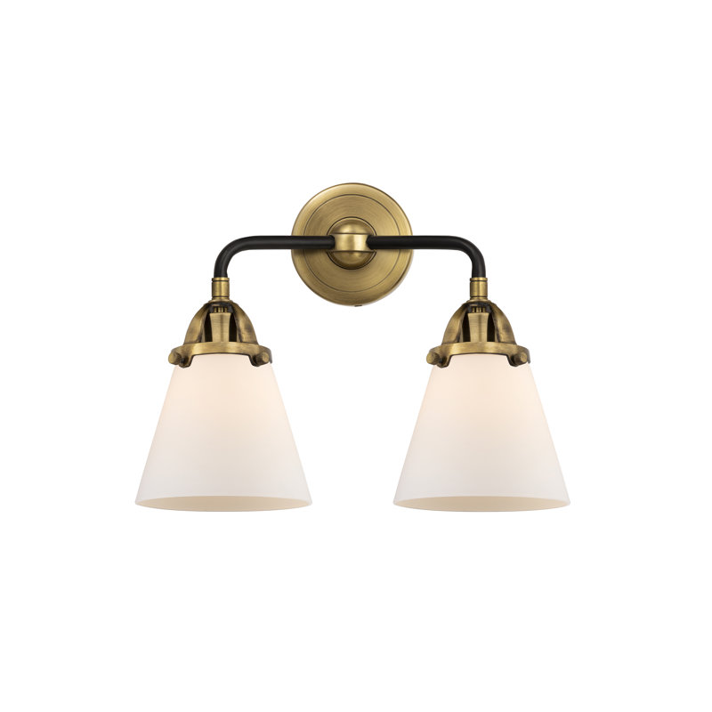Éclairage pour meuble-lavabo à 2 cônes 6 po, 2 lumières et 14 po Shauna, Blanc mat, Incandescente, Laiton antique noir