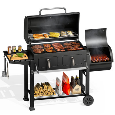 Barbecue au charbon 30 po avec fumoir latéral, plateaux à charbon relevables à deux zones et table d'appoint pliable