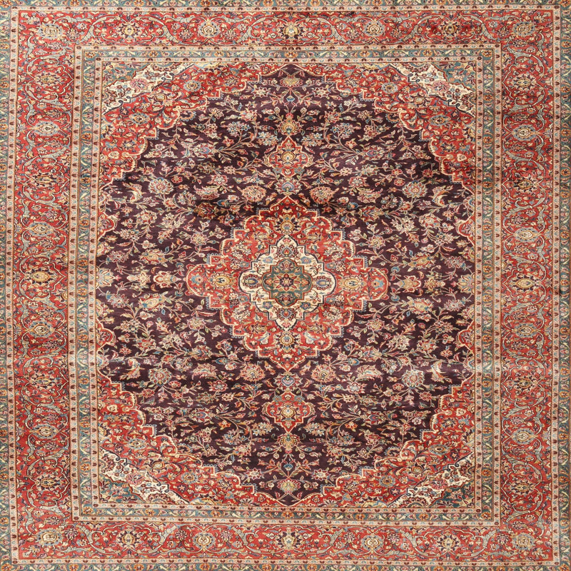 Tapis beige / rouge en laine Lisbeth, Carré 7 pi