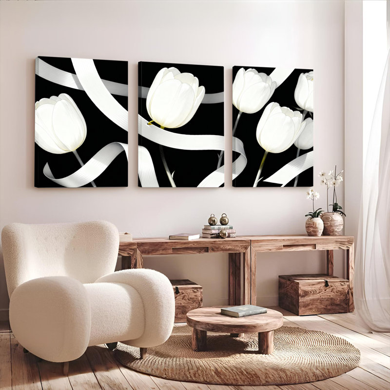 Tulipes blanches avec rubans argentés, impression sur toile, ensemble floral moderne (ensemble de 3), H 36 po x l 72 po
