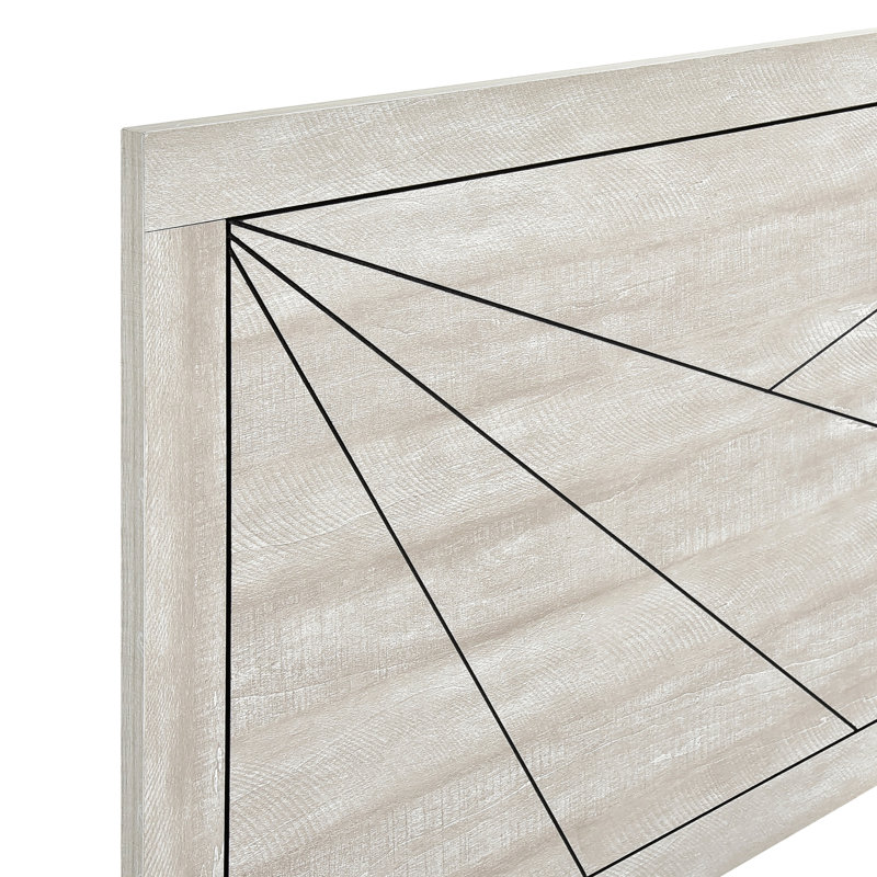 Grand lit contemporain Dusty en chêne gris, avec tête de lit à motif de lignes et rails pour finition de lit de style chambre à coucher, complet