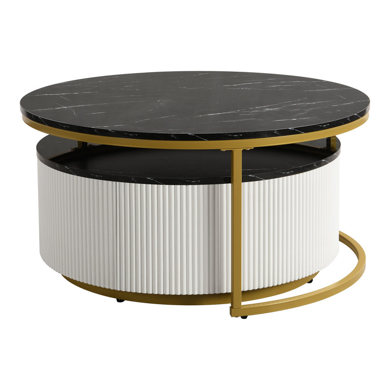 Table basse gigogne élégante à cannelures rondes - finition noire et dorée et fonction à la mode peu encombrante avec tiroir