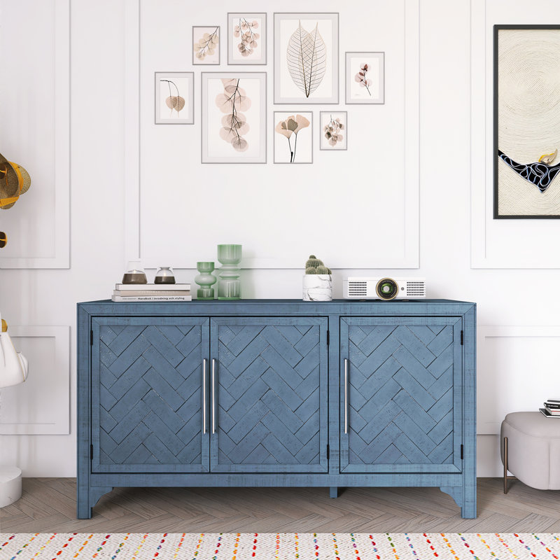 Designed Storage Cabinet Sideboard With MDF+Pine Veneer , Adjustable Shelves, Navy Blue
