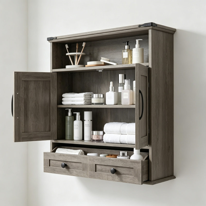 Armoire à pharmacie murale, portes de grange doubles, tablette et tiroir réglables, largeur 25 po, Grey