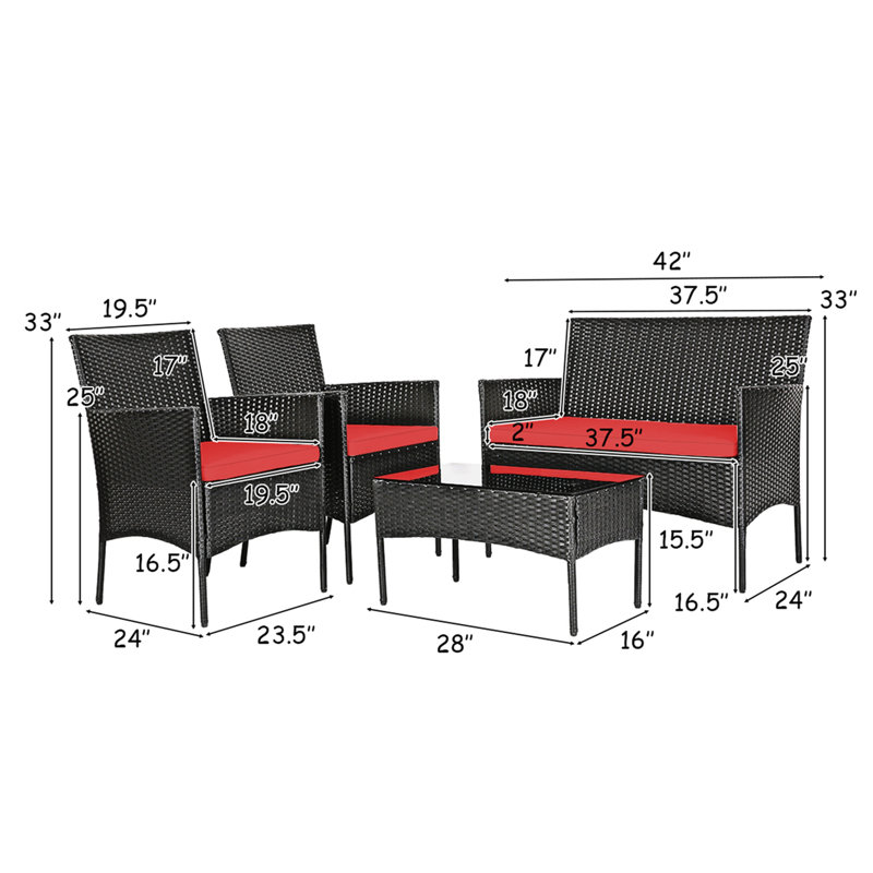 Rayna 4 - Person Patio Conversation Set with Cushions, Red