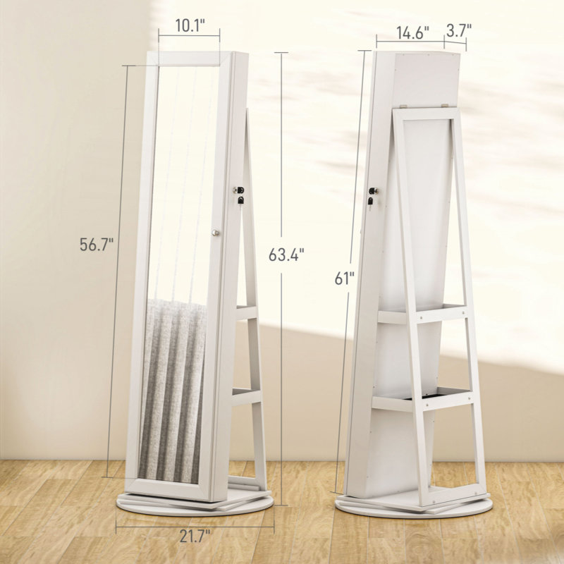 Miroir verrouillable verrouillable pour armoire à bijoux, miroir pleine grandeur pivotant à 360 °, avec tablettes de rangement