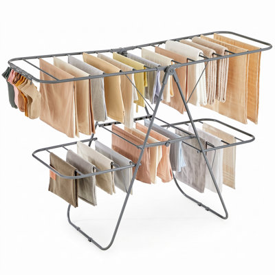 Clothes Drying Rack, Foldable 2-Level Laundry Drying Rack, Free-Standing Laundry Airer, With Height-Adjustable Wings, 33 Rails, Sock Clips