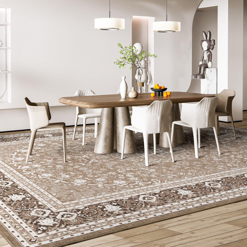 5'X7' Washable Vintage Boho Floral Area Rugs Super Soft Faux-Wool Non-Slip Low Pile Brown White, Rectangle 5' x 7'
