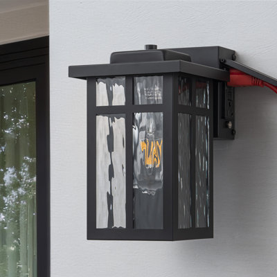 Black Outdoor Wall Lantern With Water Glass Shade And Gfci Outlet