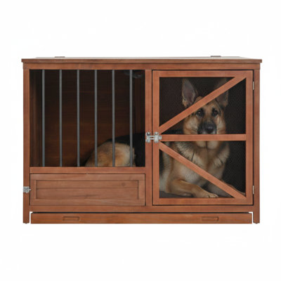 Cage pour chien en bois massif de 33 pouces conçue comme un meuble, un chenil d'intérieur pliable avec une mangeoire rotative à 360 degrés, une table de bout polyvalente pour les petits et moyens chiens, une cage pour animaux portable avec plateau amovible et un assemblage simple