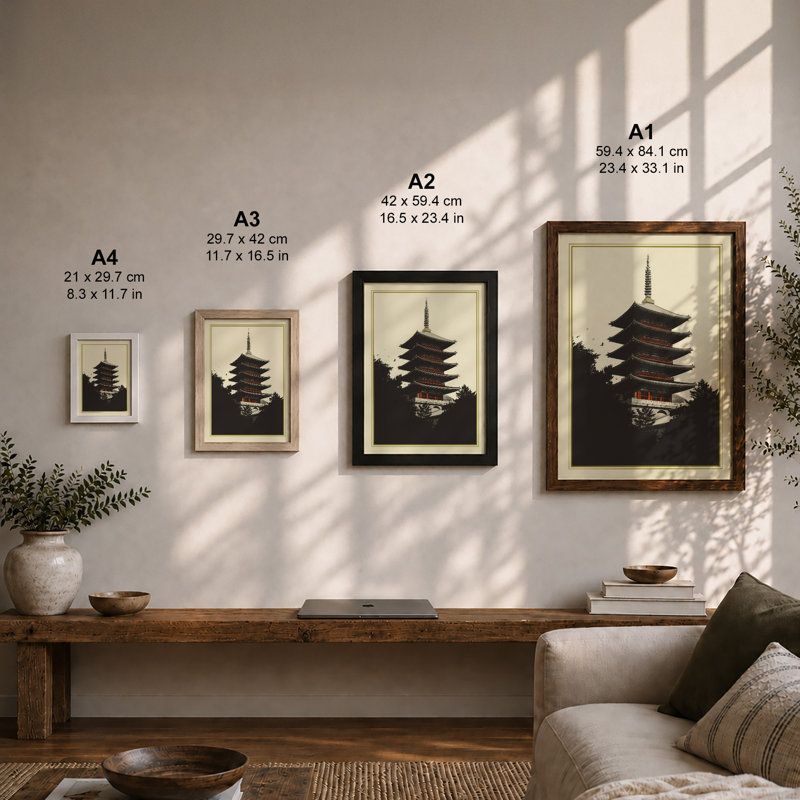Pagoda in Silhouette Japandi - Framed Print, A1 - 84.1 x 59.4 cm, Oak