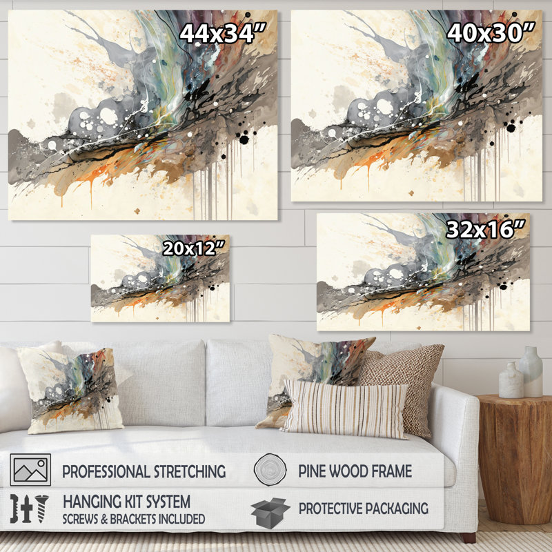 «Jazz Rhythms In Shades Of Grey III», art abstrait à l'encre liquide, H 34 po x l 44 po x P 1,5 po, Toile tendue