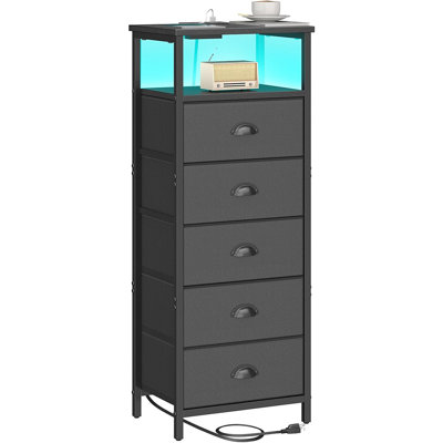 Nightstand With Charging Station,LED Black Nightstands With 5 Fa...