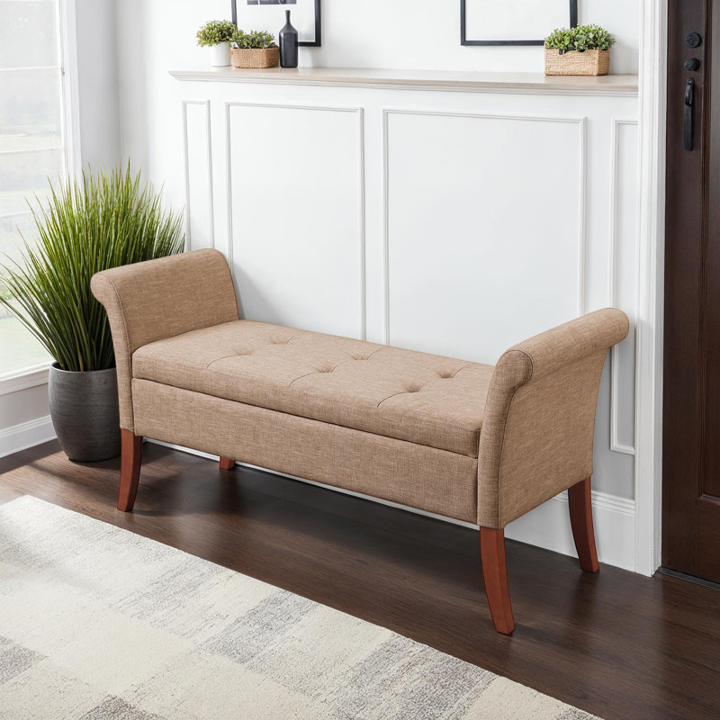 Banc de rangement avec pieds en bois massif Emma-Jade, Tissu brun clair