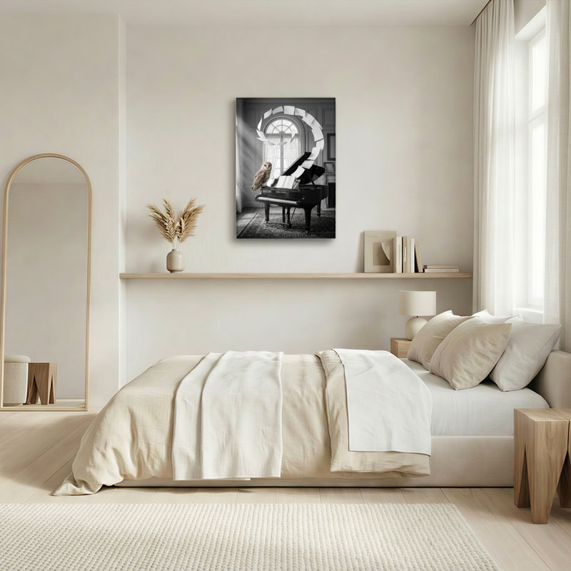 Ensemble de 1 tableau sur toile représentant un hibou et un piano, H 24 po x l 16 po, Toile tendue