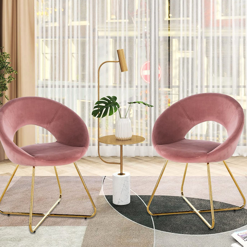 Chaise avec accoudoirs en velours rose pour 2 personnes - Structure en métal doré pour les loisirs Mid-Century