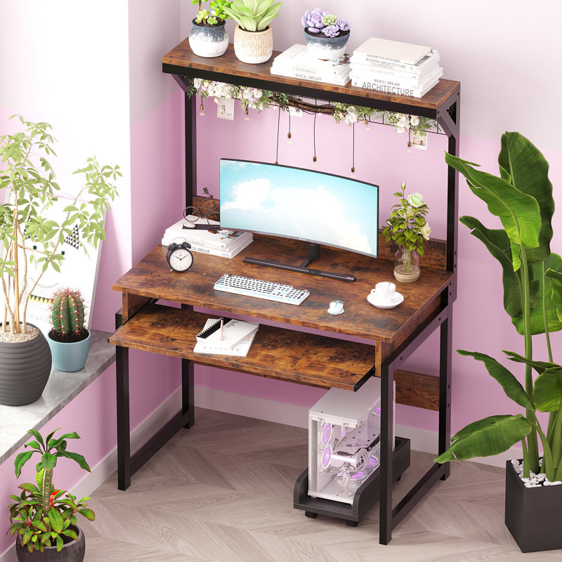 Bureau d'ordinateur 31,5 "avec huche, bureau peu encombrant, table d'étude, table de travail PC, Brun / noir
