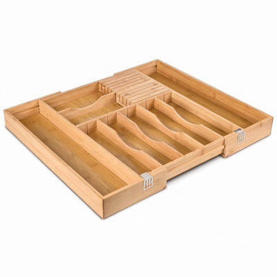 Organisateur de couverts extensible en bambou pour tiroir, avec clips de verrouillage antidérapants en acier inoxydable