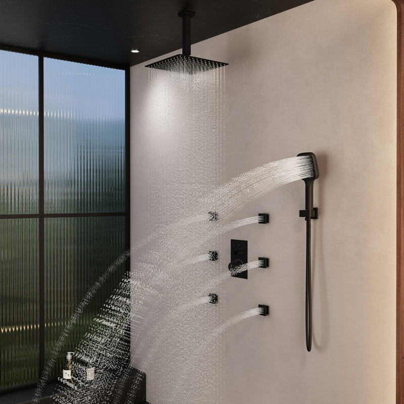 Revitalize 3-Function 12 Inch Ceiling Mount Rainfall Thermostatic Shower System with 6 Body Jets, Matte Black