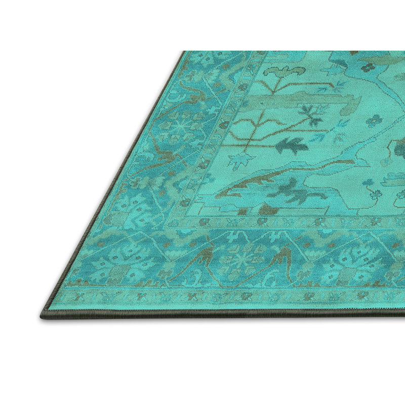 Tapis oriental en laine / polyester tissé à la machine en bleu sarcelle, Rectangle 8 pi x 12 pi