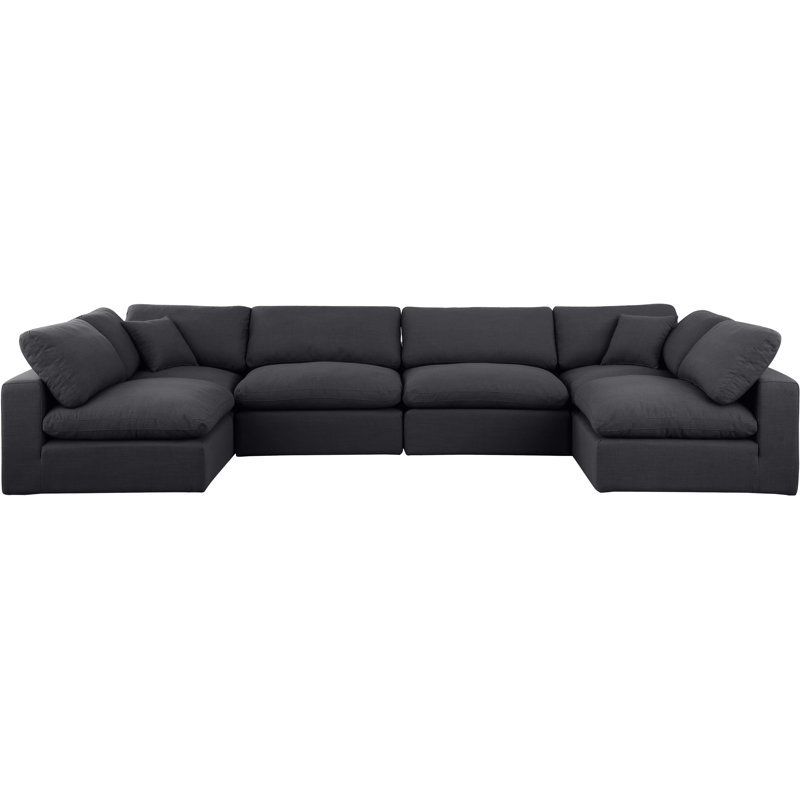 Canapé modulaire 6 pièces rembourré, Tissu texturé en lin noir