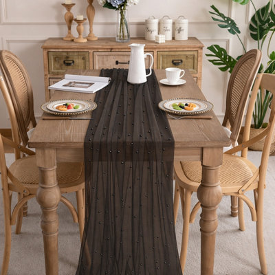 118 Inch Long Pearl Table Runners Tulle Black Summer Cheesecloth Gauze Cheese Cloth Sheer Chiffon Dining Wedding Birthday Party Baby Shower Bridal Anniversary Holiday Centerpiece Table Decor