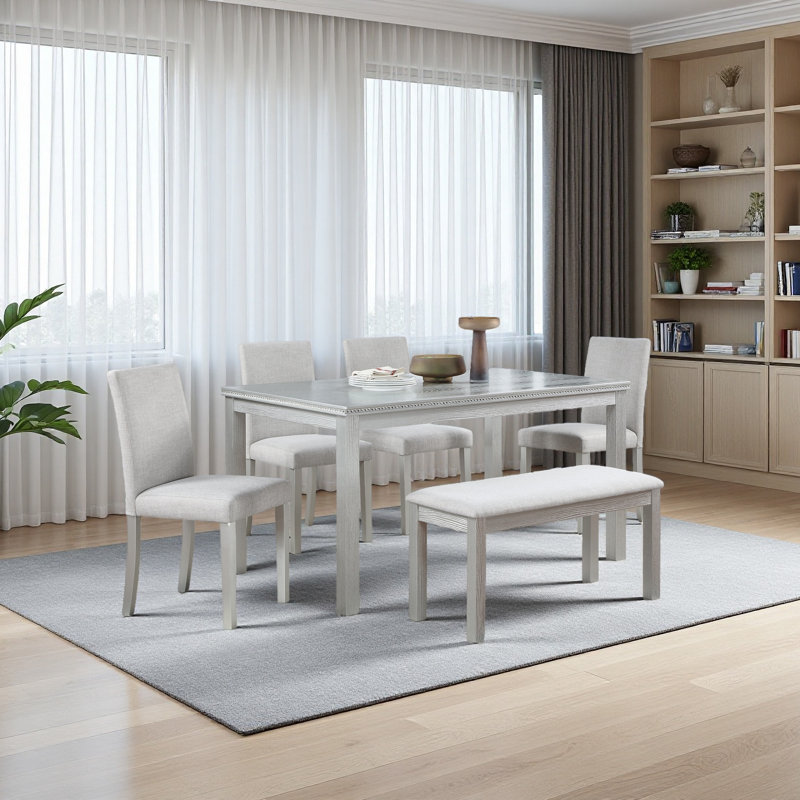 Ensemble de table à manger en bois 6 pièces, table en bois avec 4 chaises rembourrées et banc pour 6 personnes, Gris