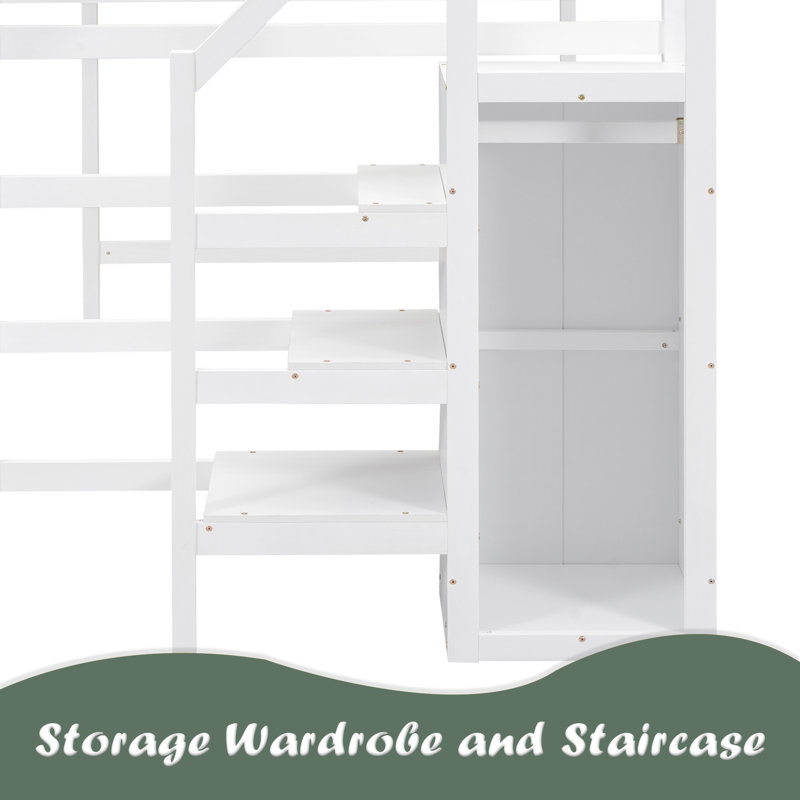 Lit mezzanine double avec garde-robe et escalier de rangement intégrés, Blanc